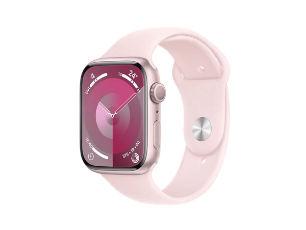 أبل ساعة سيريز9 جي بي اس - 45 ملم - هيكل من الألومنيوم باللون الوردي مع حزام رياضي باللون الوردي الفاتح - مقاس ميديم/لارج